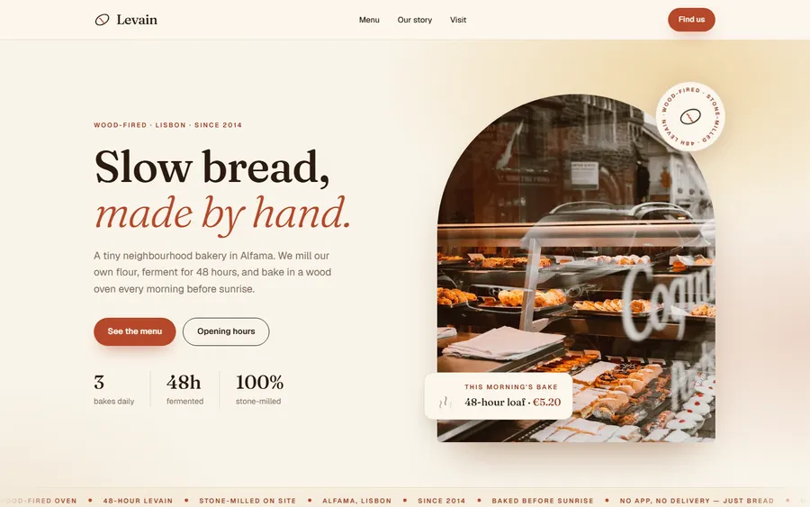 Levain bakery homepage — cream background, serif headline, pastry counter photo