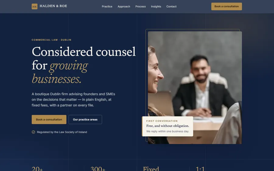 Halden & Roe law firm homepage — navy hero with serif headline